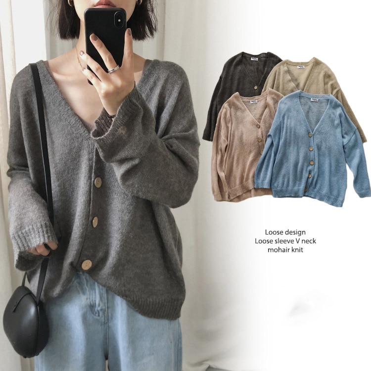 ルーズデザインゆったり長袖Vネックのモヘアニットカーディガン