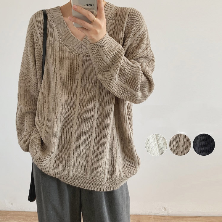 ケーブル編み Vネック ニット