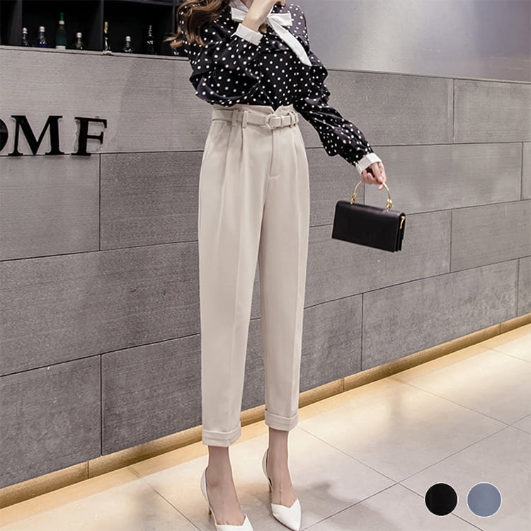 ベルト付き 九分丈 テーパードパンツ