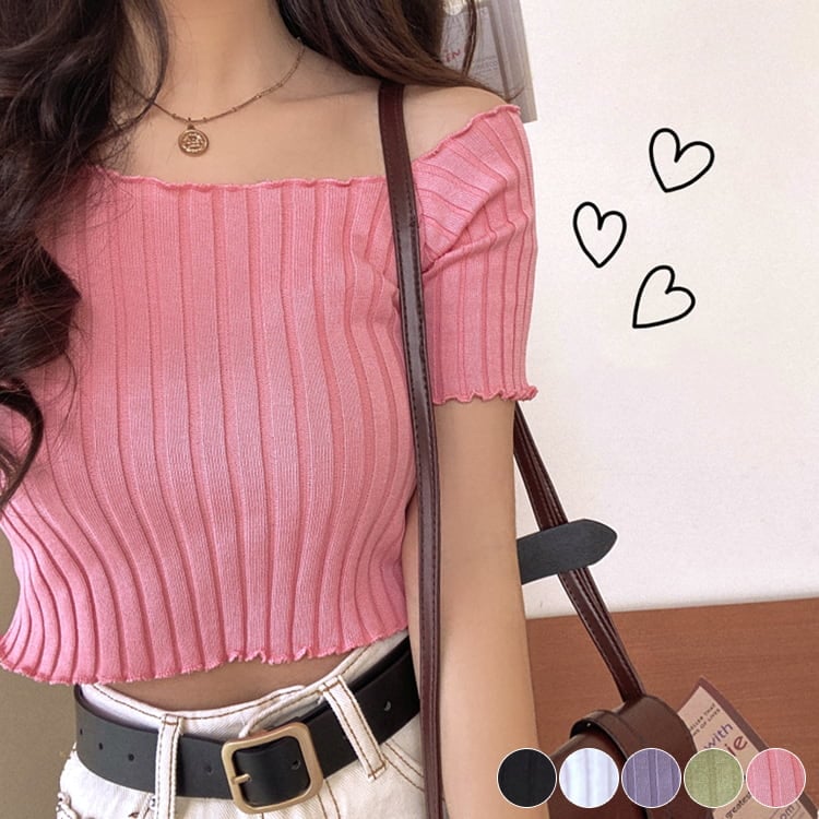 肩見せ 半袖 ショート丈 リブTシャツ