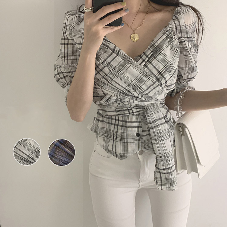 ウエストリボン Vネック チェック柄 ブラウス