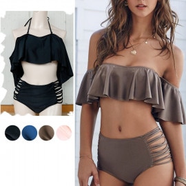 ホルターストラップ付 幅広フリルのオフショルダービキニ