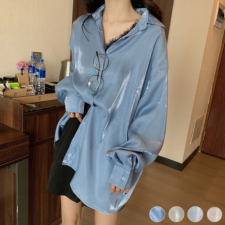 ツヤ感 サテン 長袖 ブラウス