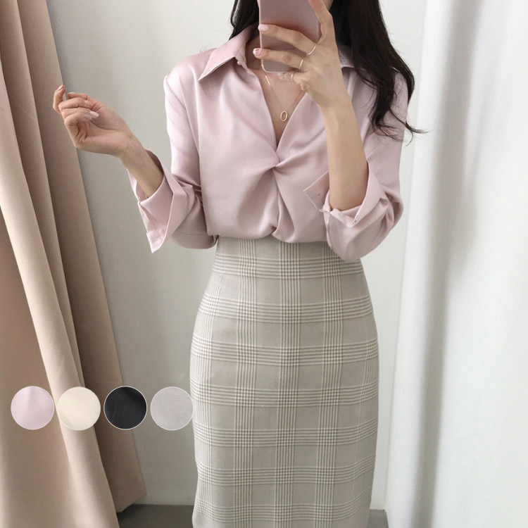 フロントねじり オープンカラー サテン 長袖ブラウス