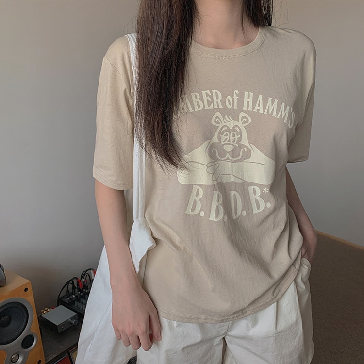 韓国　かわいいプリント　5分袖 Tシャツ