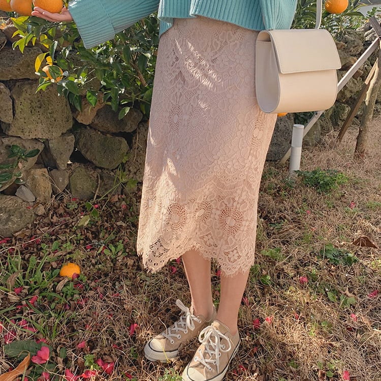 フェミニン 膝丈 レース スカート