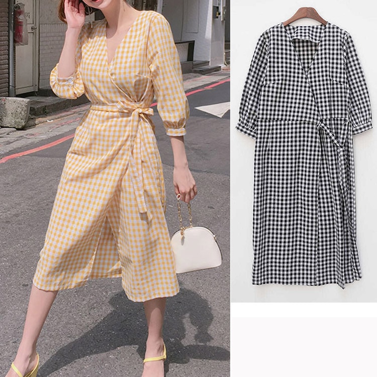 ギンガムチェック柄 膝丈 ７分袖 カシュクール ワンピース