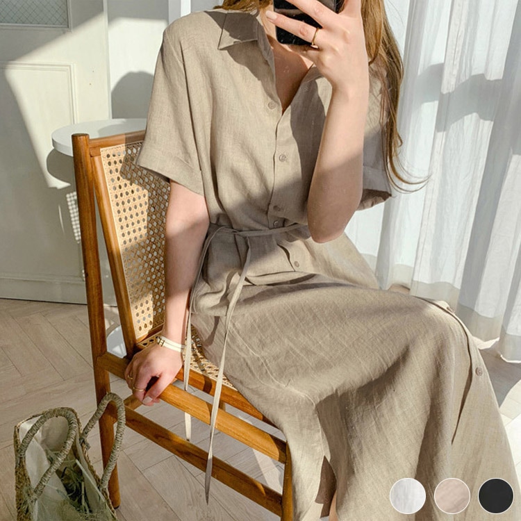 ウエストマークリボン付き 半袖 シャツワンピース