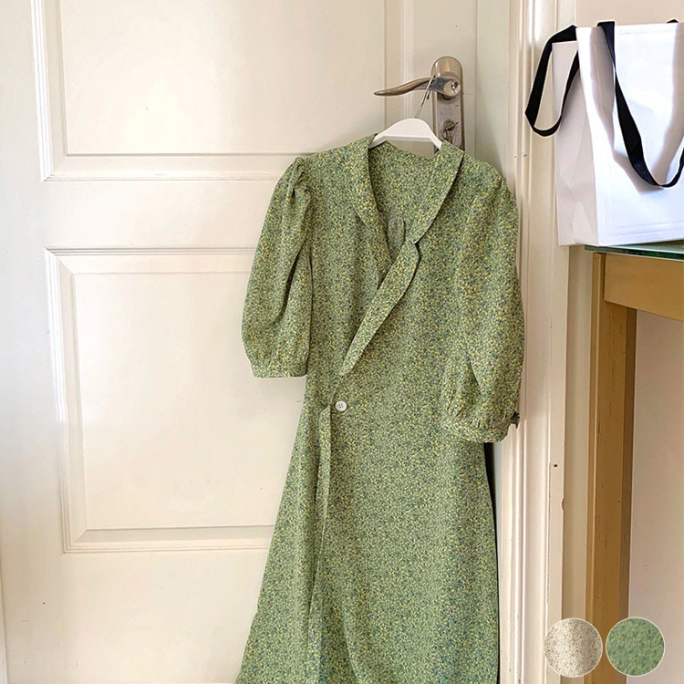 Vネック カシュクール風 花柄ワンピース