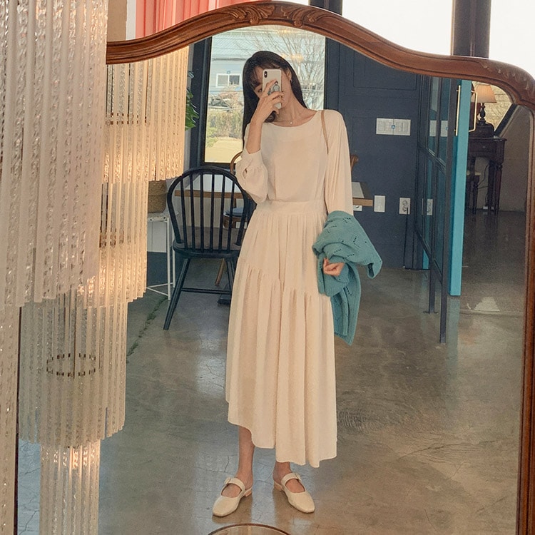 バックボタン アシンメトリー ロングワンピース