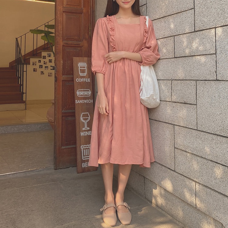 ガーリー 7分袖フリルワンピース