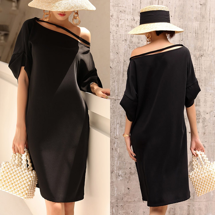 スラッシュドネック ワンショルダー ドレスワンピース