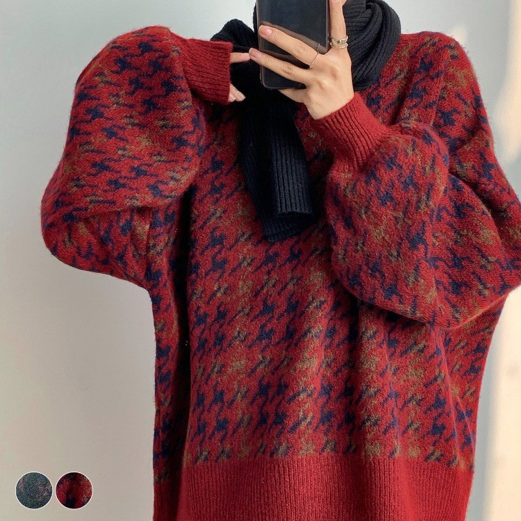 レトロ 千鳥格子柄 バルーンスリーブ ニット