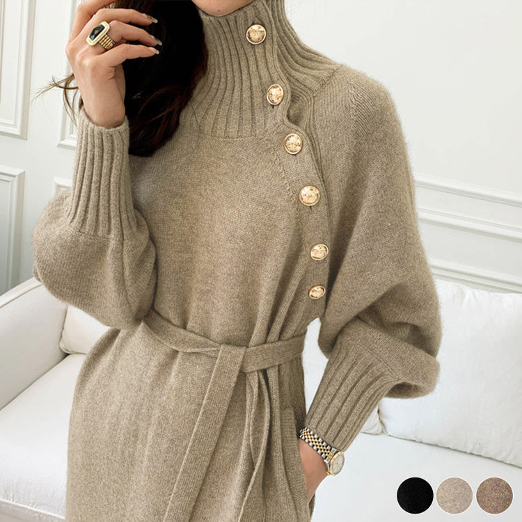 ボタンデザイン ハイネック ニットワンピース