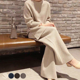 韓国 ニットセーター ワイドパンツ セットアップb13575 リブ編み セーター ワイドパンツ ニットアップ | レディース