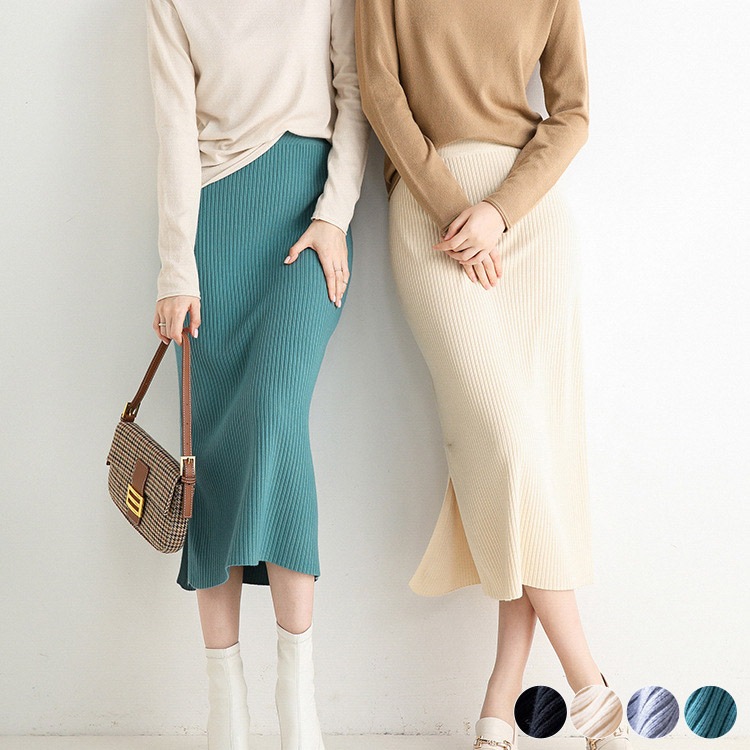 リブ編み ミモレ丈 タイト ニットスカート
