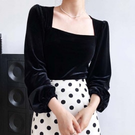エレガント パフスリーブ 長袖 ベロア トップス
