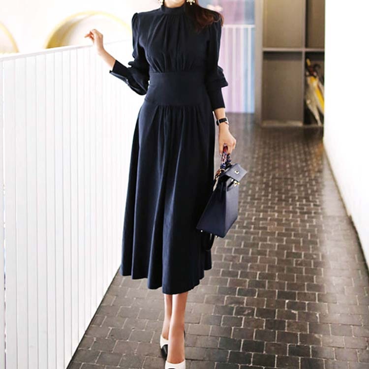 エレガント ランタンスリーブ モックネック ロングワンピース