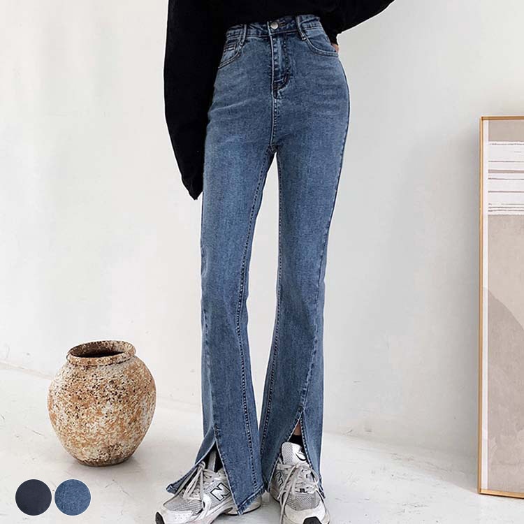 フロントスリット デニム フレアパンツ