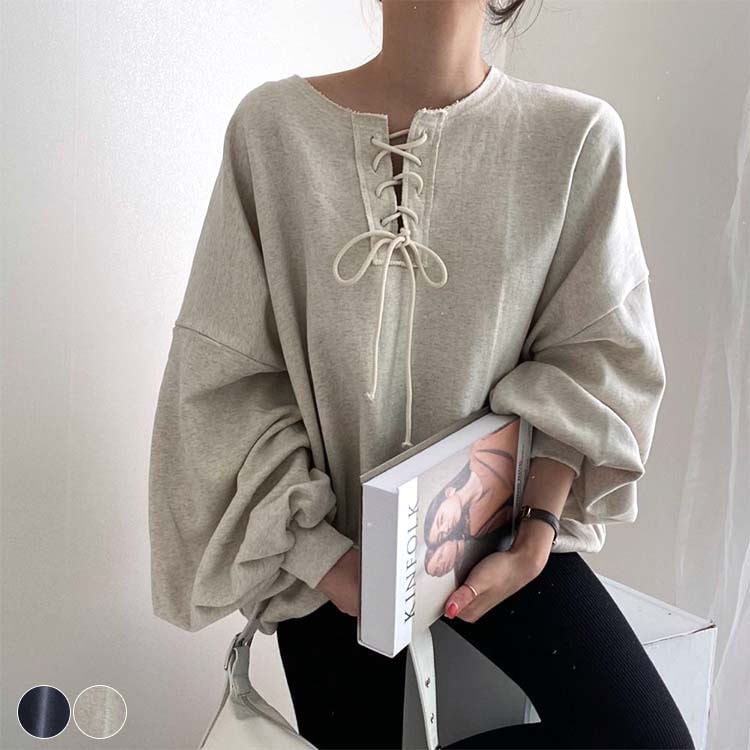 レースアップ ランタンスリーブ スウェット トレーナー