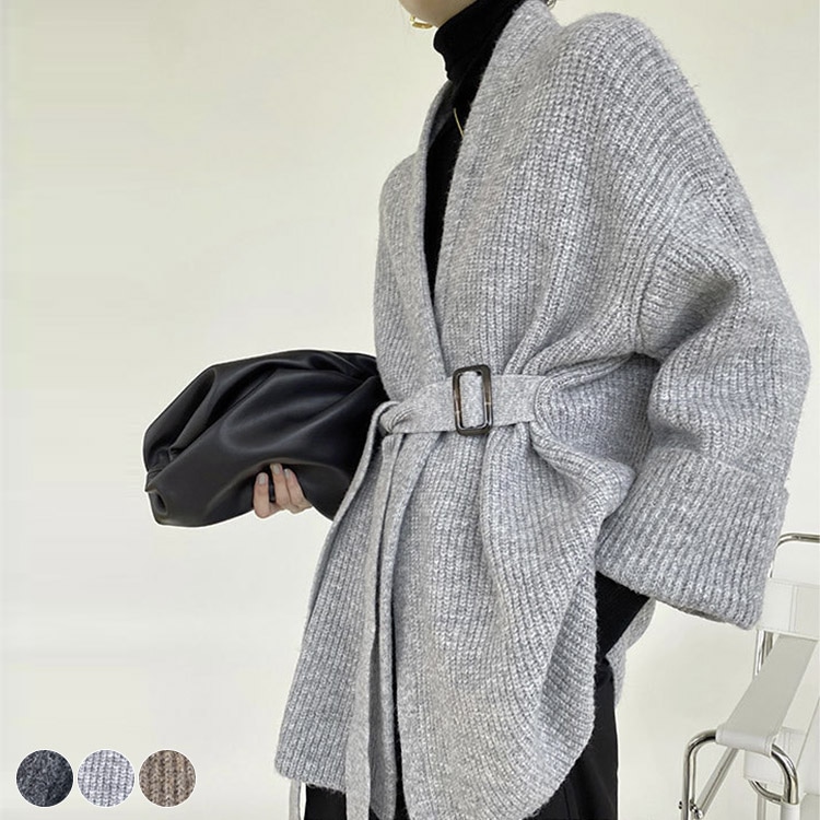 ベルト付き ざっくり編み ニットカーディガン