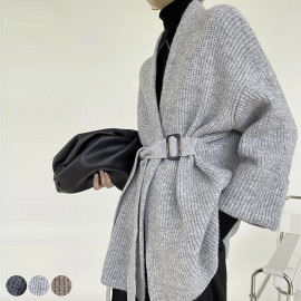 ベルト付き ざっくり編み ニットカーディガン