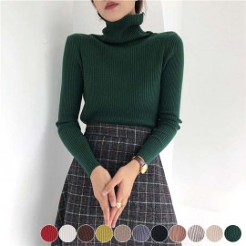 シンプル タートルネック リブニット トップス