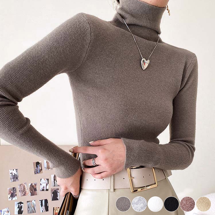 リブ編み ハイネック ニットトップス