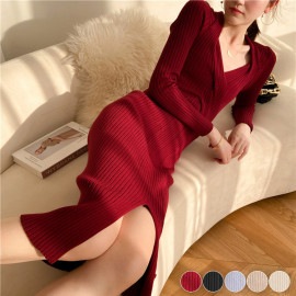 フロントスリット リブニット タイトワンピース