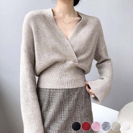 カシュクール風 クロス Vネック ショート丈 ニット