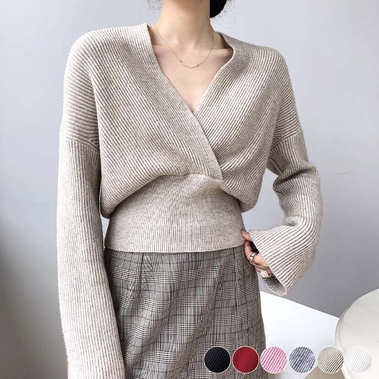 カシュクール風 クロス Vネック ショート丈 ニット