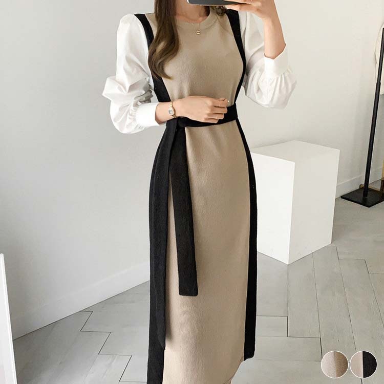 サイド切り替え バイカラー ブラウス ニットワンピース