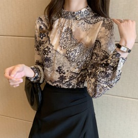 レース柄プリント モックネック 長袖ブラウス