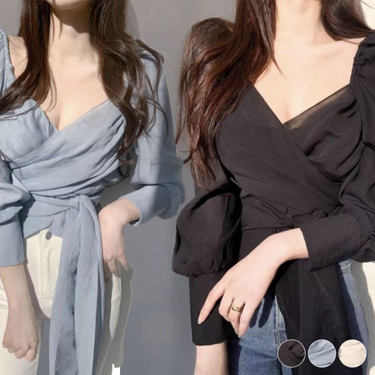 おおきめリボン 長袖 カシュクール ブラウス