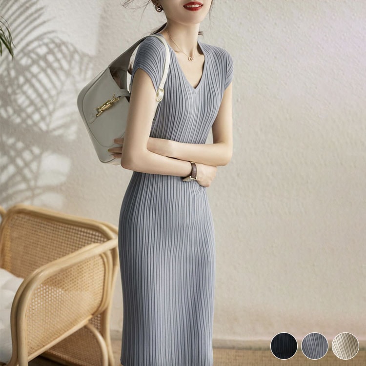 エレガントフィット リブニット タイトワンピース