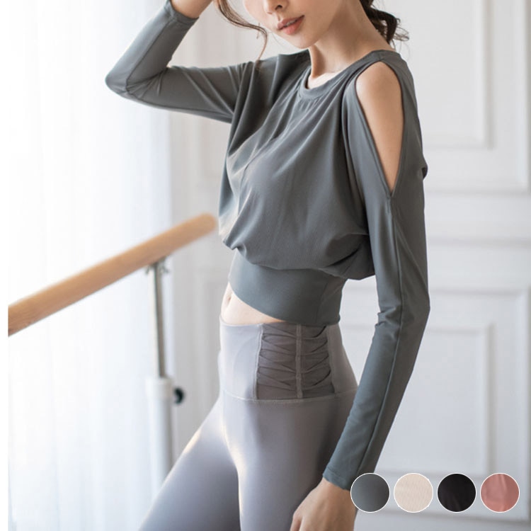 肩見せ ドルマン袖 長袖 ランニング Tシャツ ヨガ