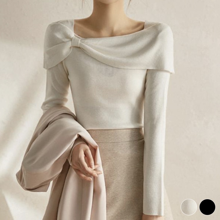 リボンがかわいい スラッシュドネック ニット トップス