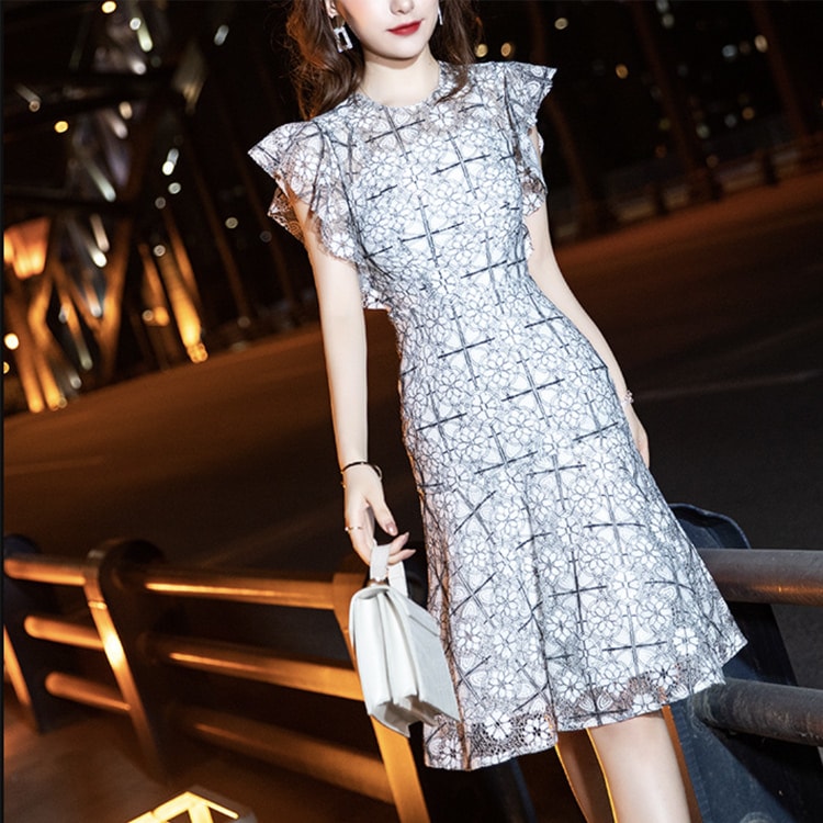 花柄レース フリル フレンチスリーブ パーティードレス