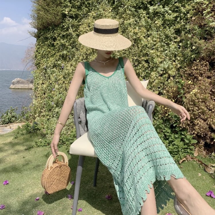 Vネック クロシェニット ロングワンピース