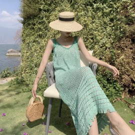 Vネック クロシェニット ロングワンピース