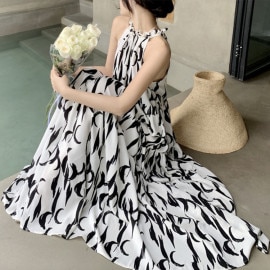 モノトーンプリント柄 アメリカンスリーブ ロングワンピース