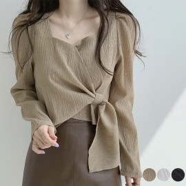 カシュクール風 しわ加工 長袖 リボン ブラウス|トップス|レディースファッション