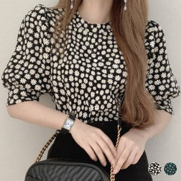 5分袖 パフスリーブ 花柄 シフォン ブラウス