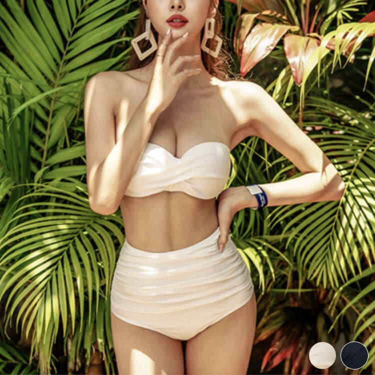 ■韓国■ クロス ハイウェストビキニ シャーリング 3cmパッド付 胸元クロス ハイウエストギャザー バンドゥビキニ | スポーツ