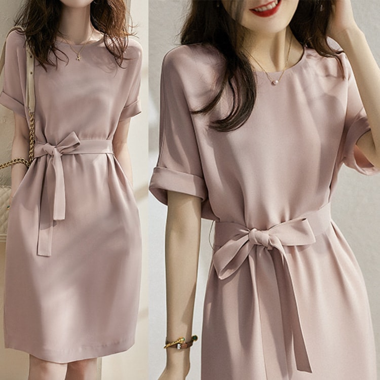 シルク調 てろんと感 リボン 半袖 ワンピース