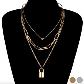 3連 重ね付け ハート 鍵 チェーン ロングネックレス