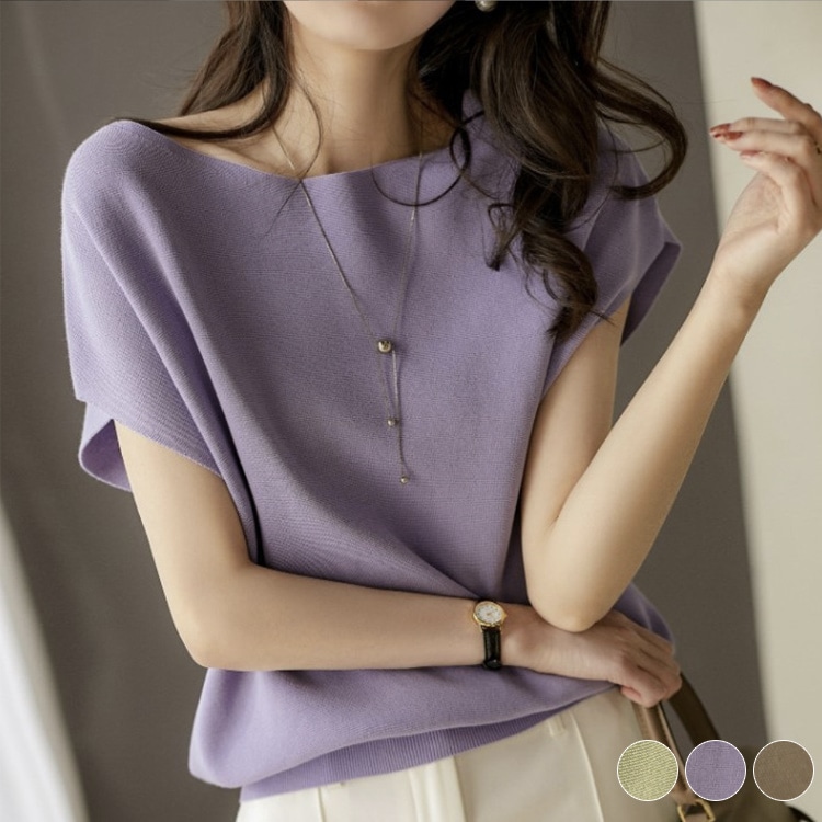 てろんと感 柔らか薄手ニット フレンチスリーブ トップス