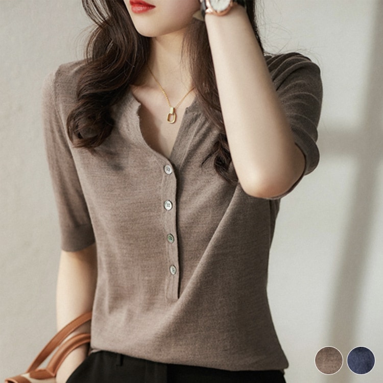 きれいめ ヘンリーネック 5分袖 Ｔシャツ