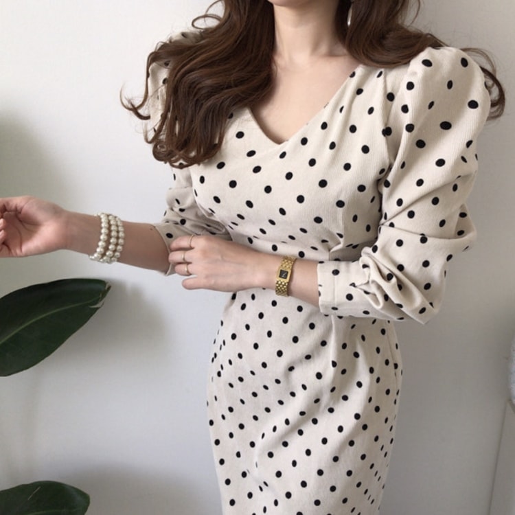 ドット柄 長袖 コーデュロイ ミモレ丈ワンピース