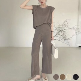 リブ編みニット フレンチスリーブ ワイドパンツ セットアップ